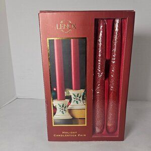 Lenox Winter Greetings Candlestick Pair With Two Red Tapers Boxed